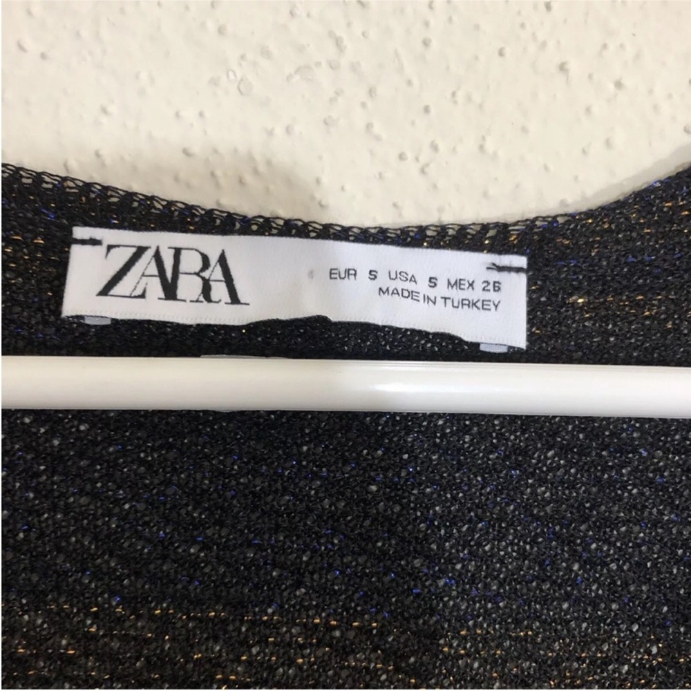 Zara Women Metallic Thread Knit Midi Dress S Black Blue Front Knots Bell sleeve - Picture 9 of 13